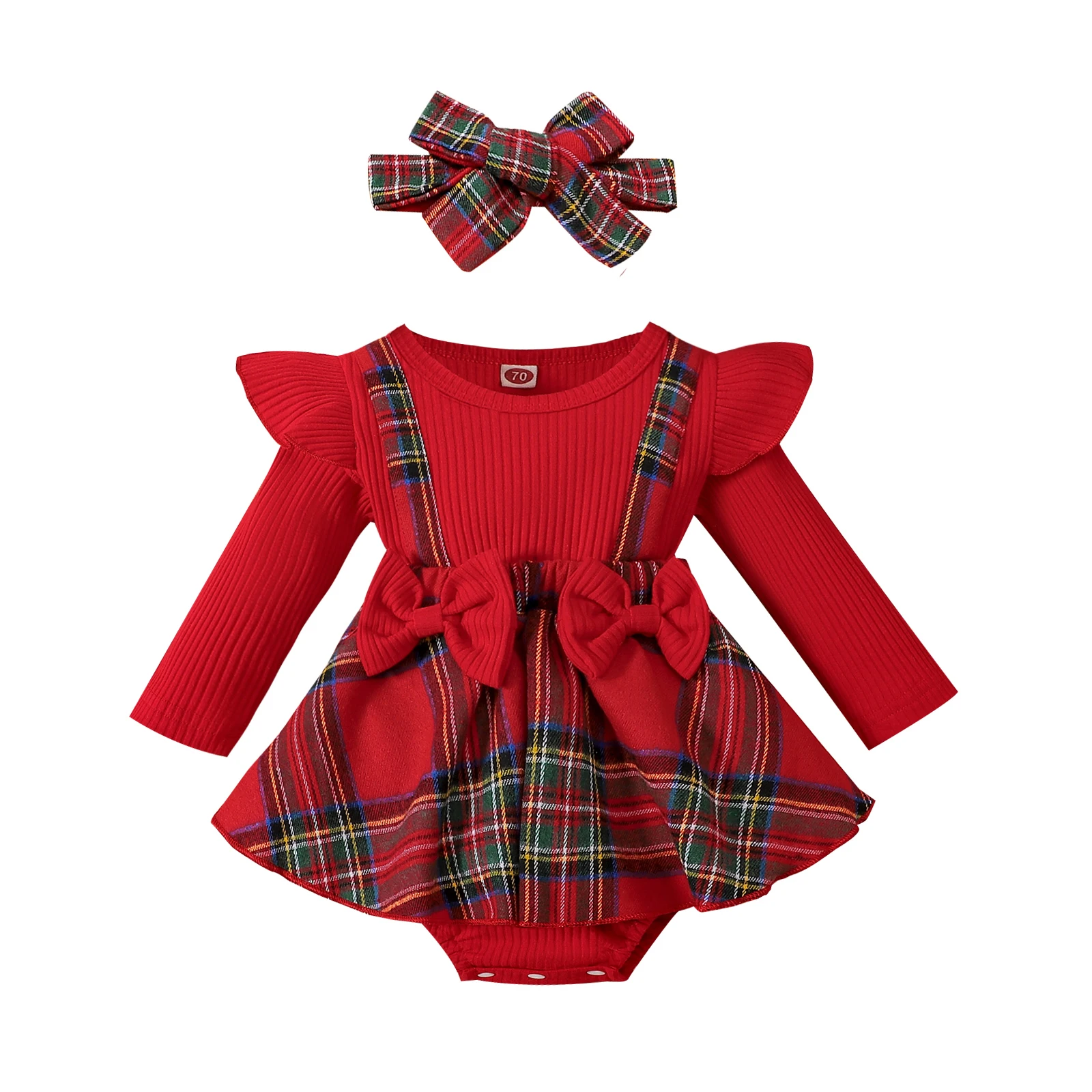 

0-18M Baby Girls Christmas Romper Dress Plaid Print Ruffles Long Sleeve Knit Ribbed Jumpsuits + Bow Headband Outfit