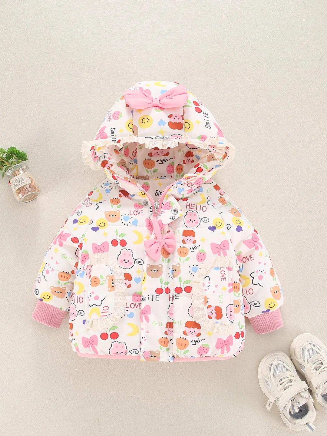 

Thiened Cotton Jaet for Girls Winter Coat with Fce Baby Clothes Stberry Bear Design One Year Old Baby Girl Winter O...