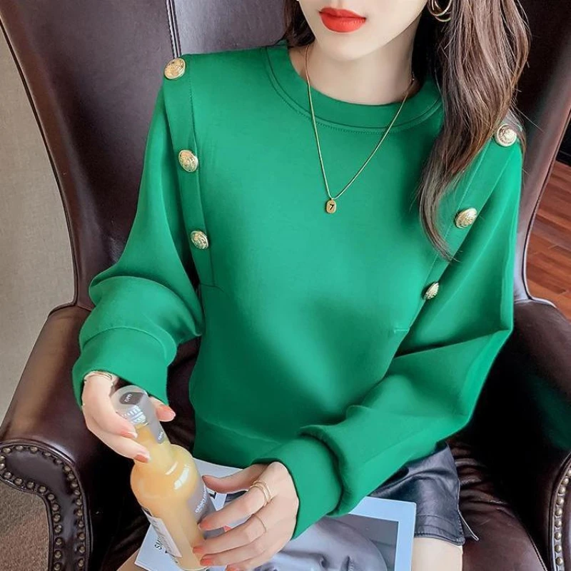 Office Lady Spring Autumn Women\'s Clothing Button Round Neck Solid Color Lantern Long Sleeve Hoodies Casual Loose Elegant Tops