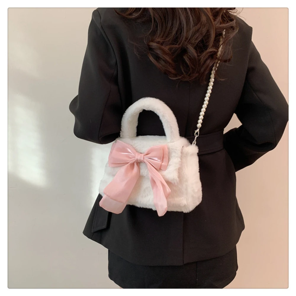 Cute Bowknot Plush Bag with Pearl Chain Women Shoulder Bags Sweet Girl Small Square Handbags Winter Female Furry Clutch Purse