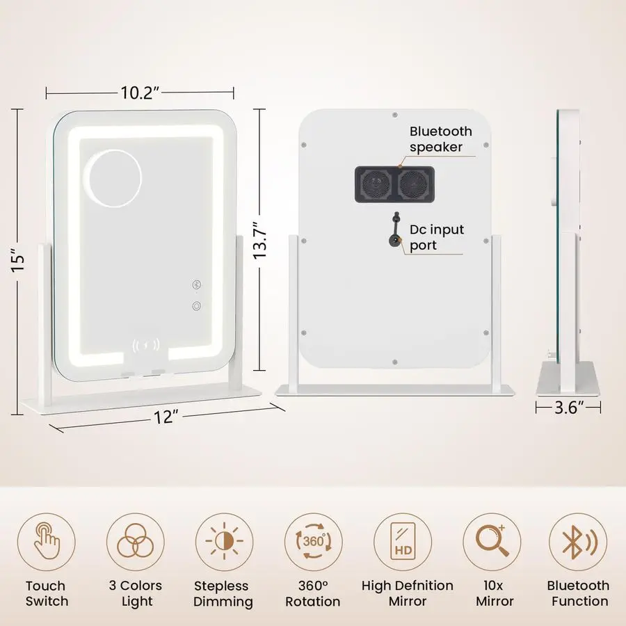 Miroir de maquillage éclairé par LED 15x12, avec chargement sans fil 12V 2A, haut-parleur Bluetooth, miroir de vanité de maquillage avec lumières, 3 couleurs Dimmab