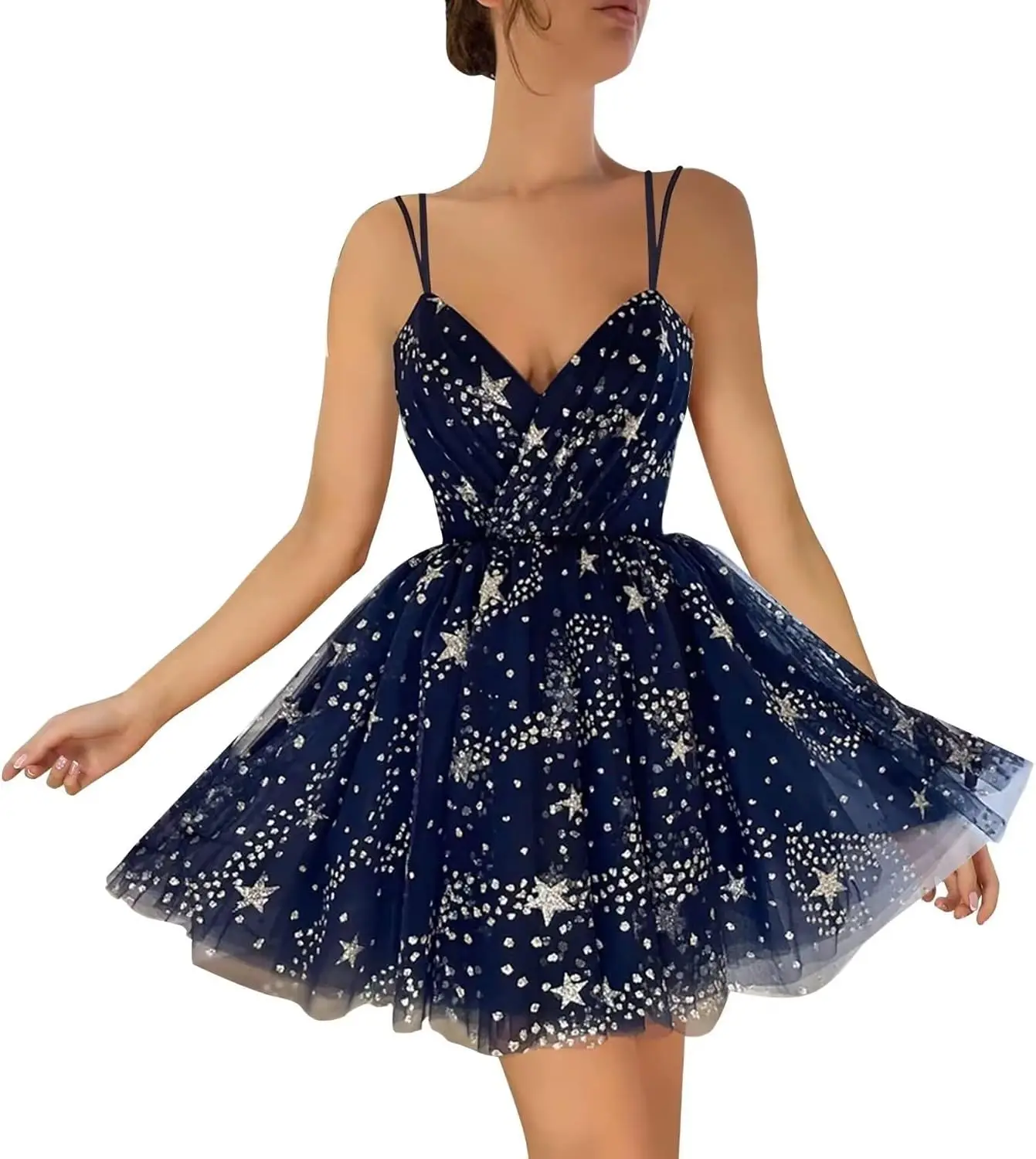 

Women's Sparkle Starry Tulle Homecoming Dress Spaghetti Straps Mini Cocktail Prom Party Gowns Graduation Mini Birthday Dress