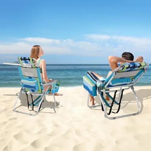 Tall Beach Chair 2 Pack Lightweight, Backpack Beach Chair for Adults with 5-Position, Cooler Bag, Cup Holders, Towel
