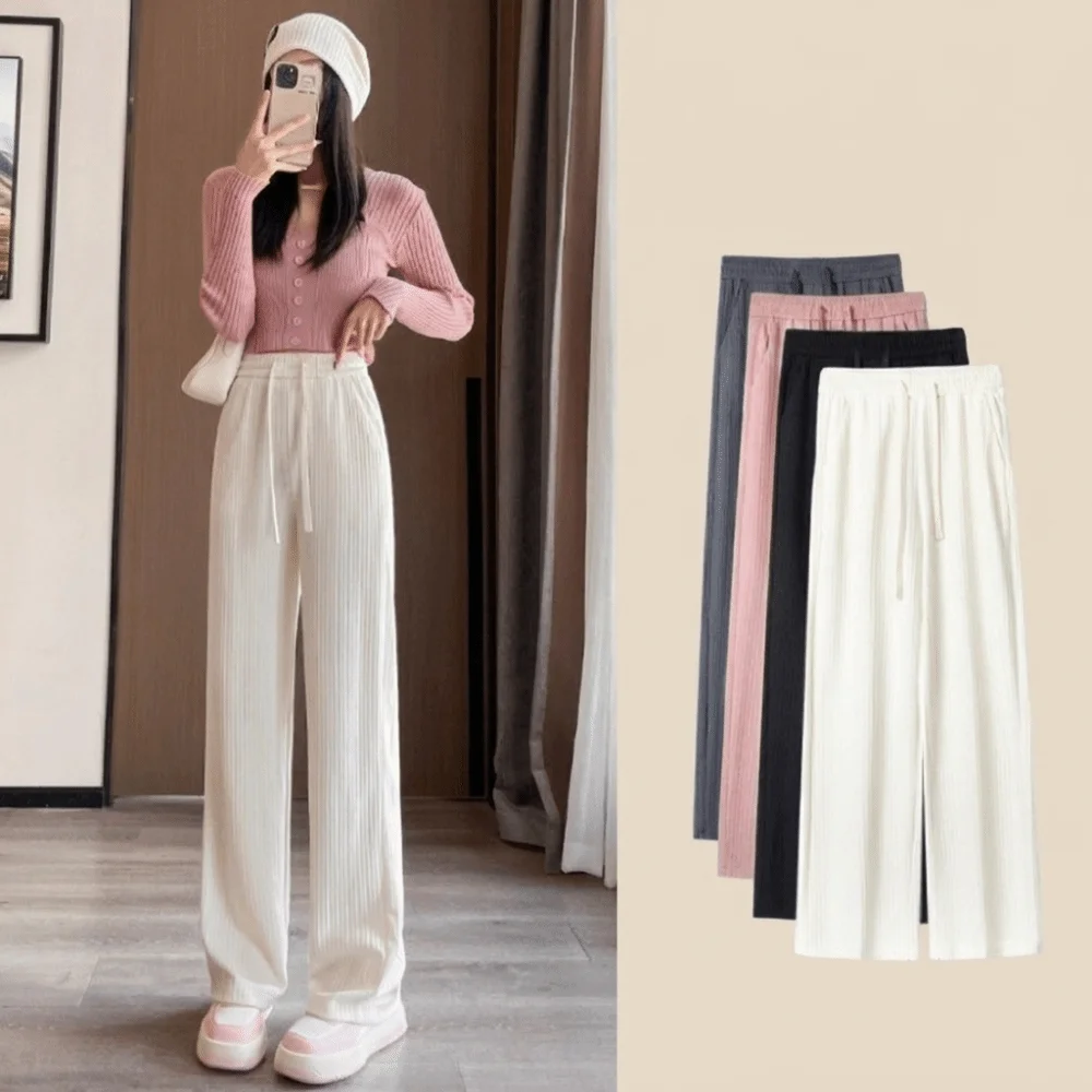 Crinkle Fabric Wide Leg Pants Ultra Thin Floor Length Straight Leg Trousers Elastic Waist Drapey Palazzo Pants Summer Wear
