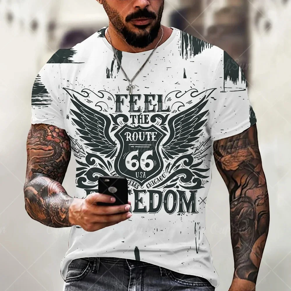 California Retro Fashion Route 66 Motorcycle 3D Printed Men\'s T-shirt Fashion Extra Large Round Neck T-shirt Street Clothing