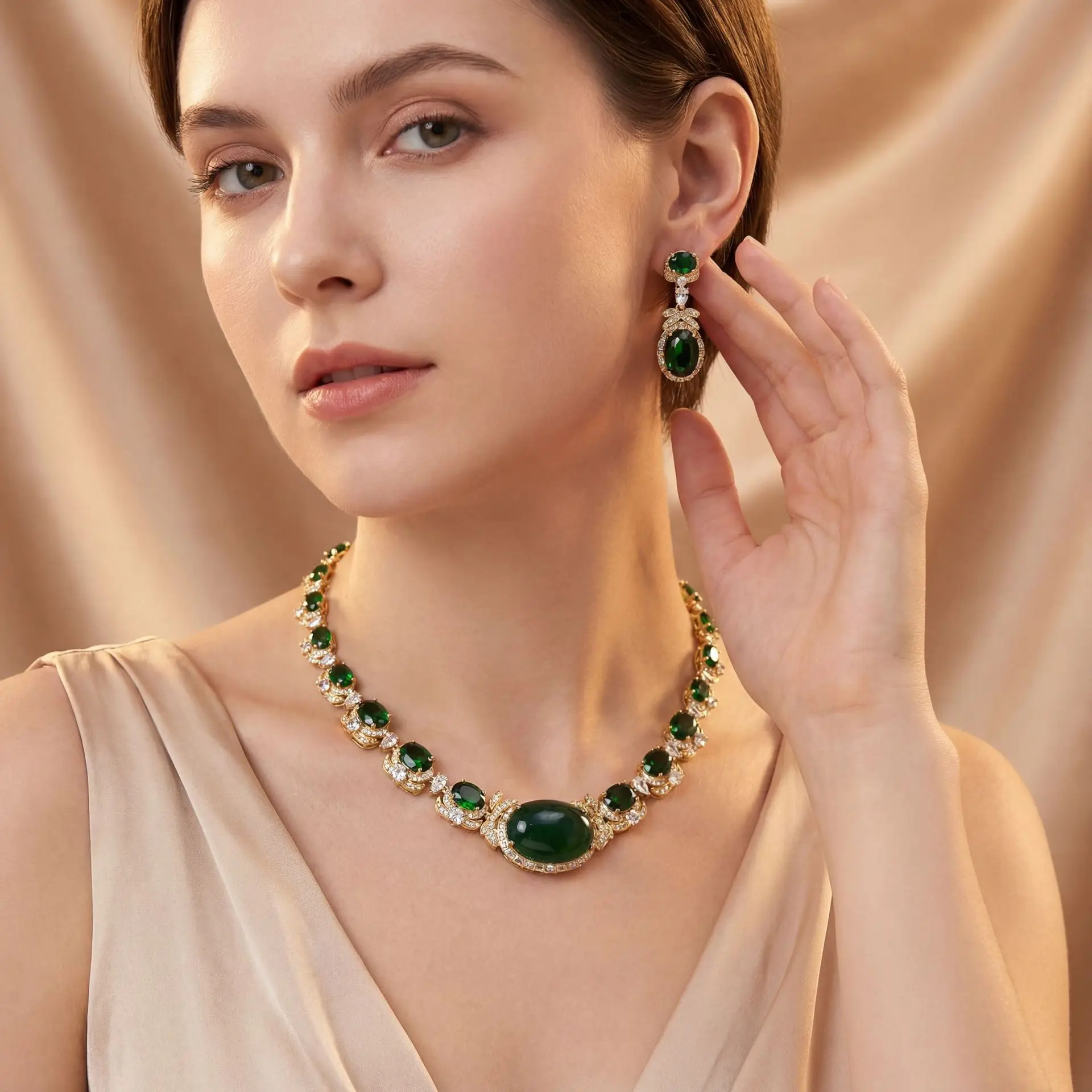 Luxury Beautiful Onyx Green Whitening Jewellery Necklace and Earrings 2 Pcs Wedding Party Gift Dubai Women Prom