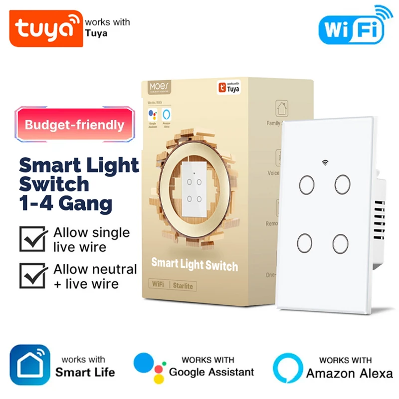 Moes Tuya WiFi Wall Smart Switch Glass Pane Neutral Wire/No Neutral Wire Required 1/2/3/4 Gang Light Touch Switch Alexa Google