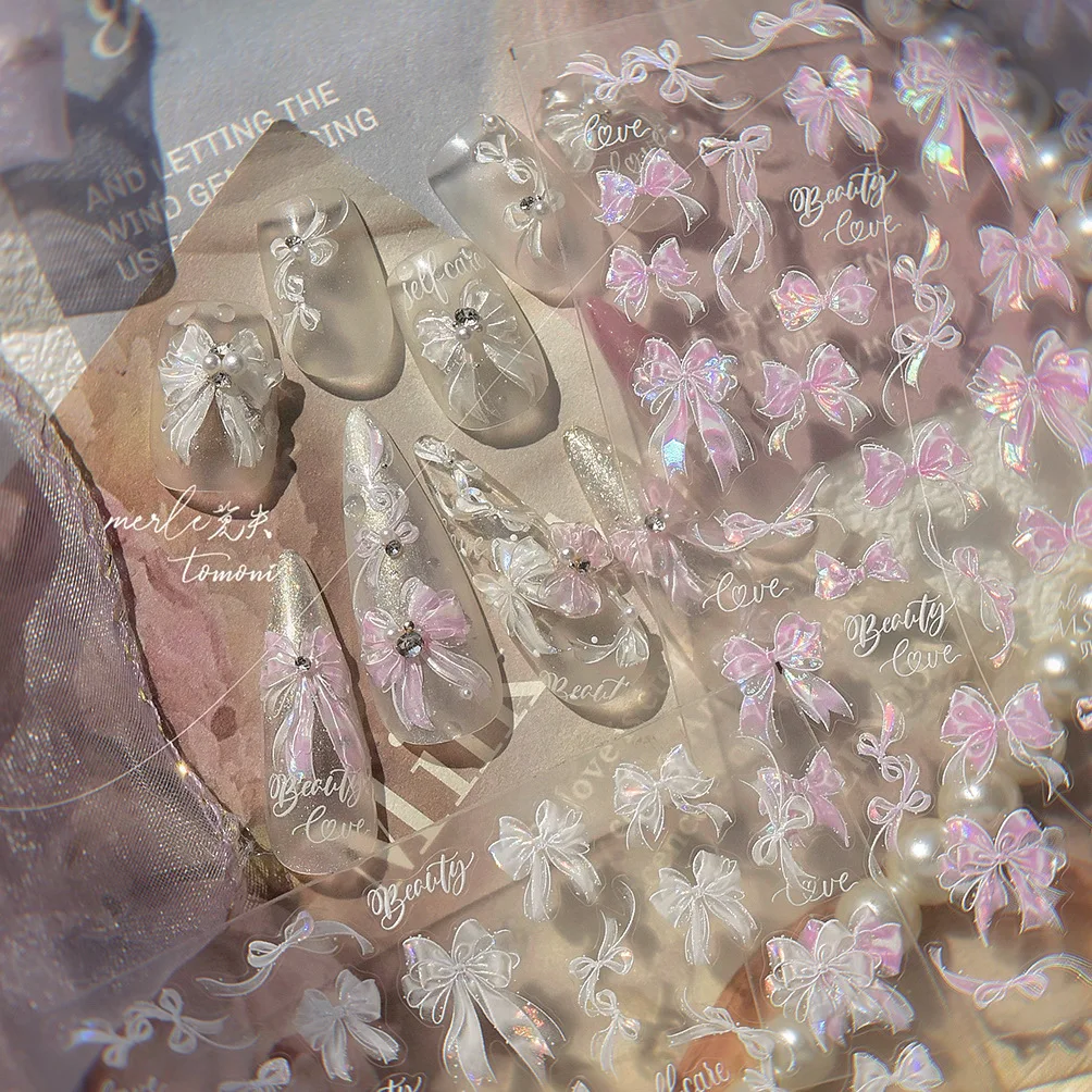 1 ชิ้น 5D ที่พราวสีขาวและสีชมพูริบบิ้นเล็บสติกเกอร์ที่ละเอียดอ่อนเยลลี่โบว์โบว์ตี้ติดด้วยตนเองรูปลอก Y2K โบว์ตี้ตกแต่งเล็บ &