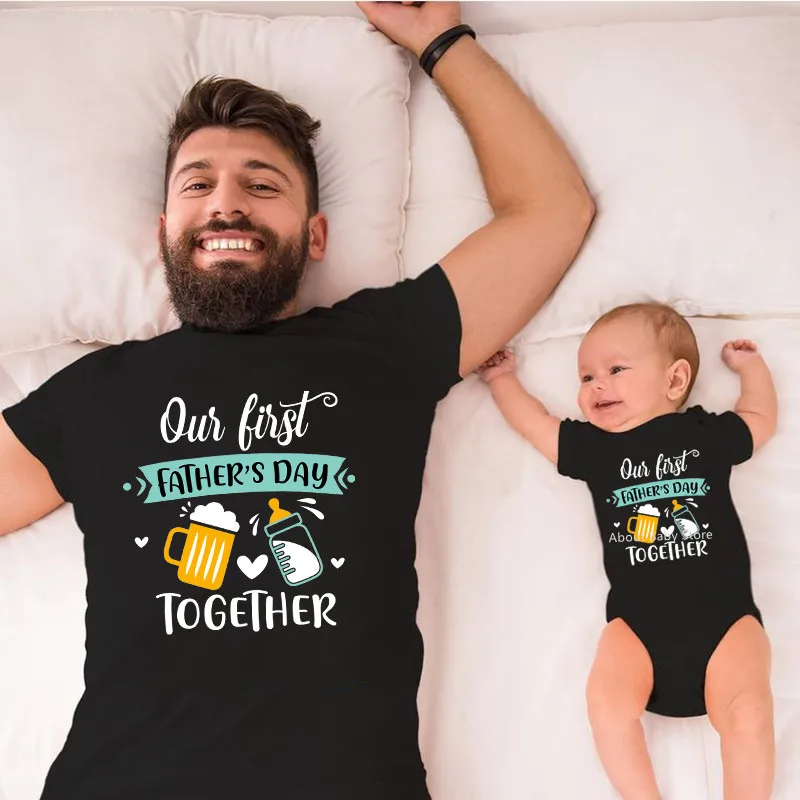 Funny Our First Father's Day Together Family Matching Shirts Cotton Daddy and Daughter Son Tshirts Baby Rompers  New Dad Gifts