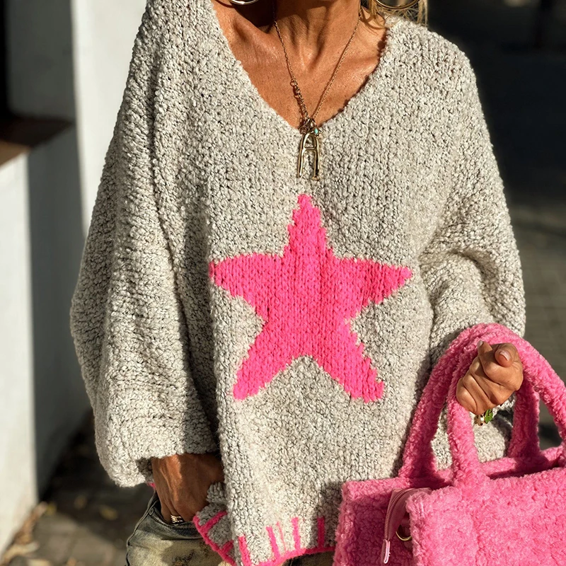 Fall Winter Casual Star Pattern Long Sleeved Sweater Fashion High Street Patchwork Sweater Lady Sexy V Neck Loose Knit Pullover