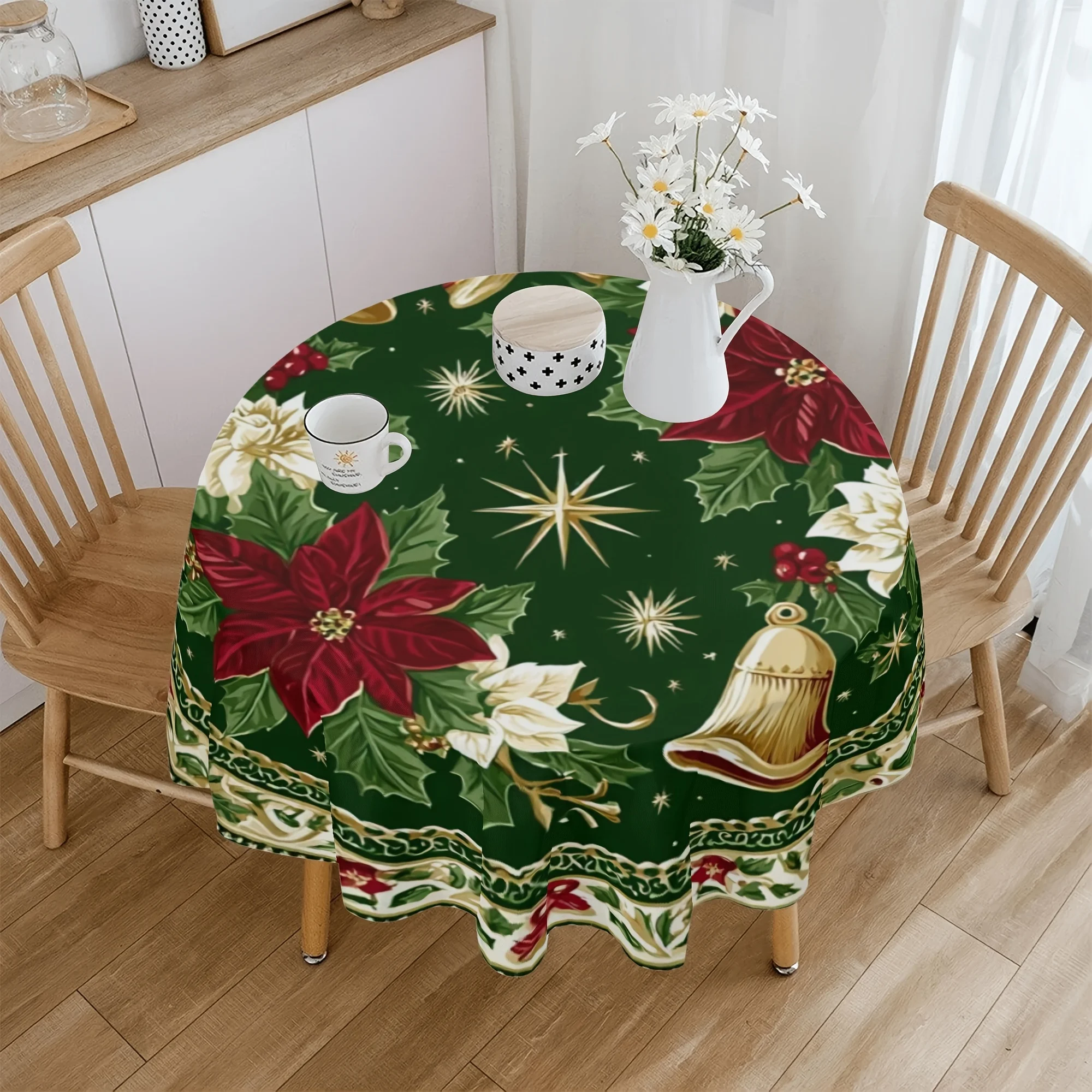1pc Vintage Bohemian Round Tablecloth 60 Inches - Festive Design with Potted Orchids, Stars, and Bells, Durable