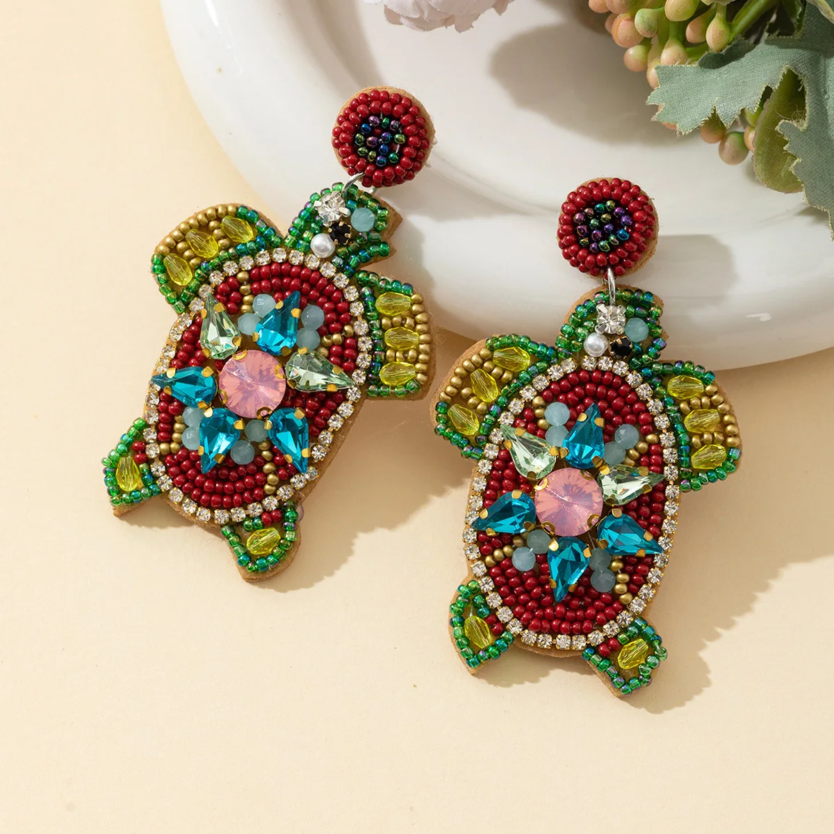 Beaded earrings Fabric art Tortoise Originality Hand knitting Design Alloy Bohemia Marine life Simple Female Rice bead earrings