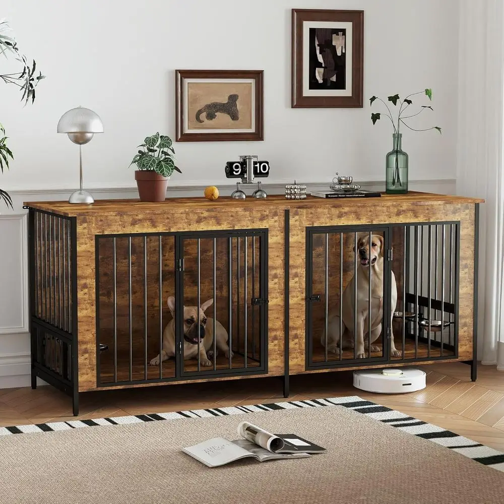 

Large Dog Crate with Rotating Bowl Rack, Heavy Duty Kennel for 1-2 Dogs, 4 Bowls, Steel Frame, Brown