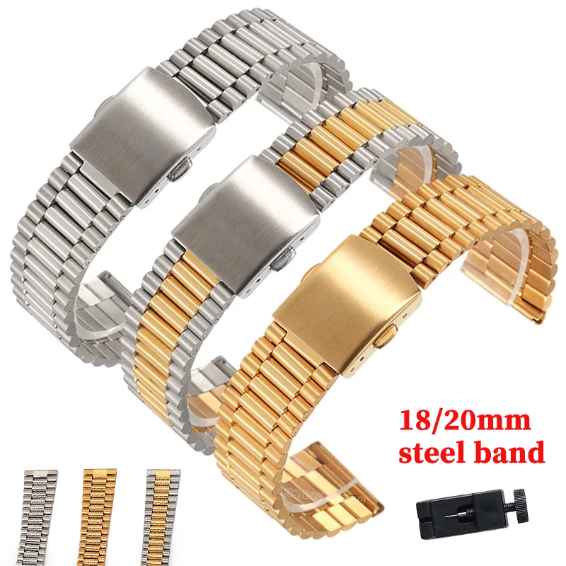 Fine Metal Strap 18mm 20mm Solid Stainless Steel Strap for Men Women Bracelet Three Beads Watchbands Silver Gold Accessories