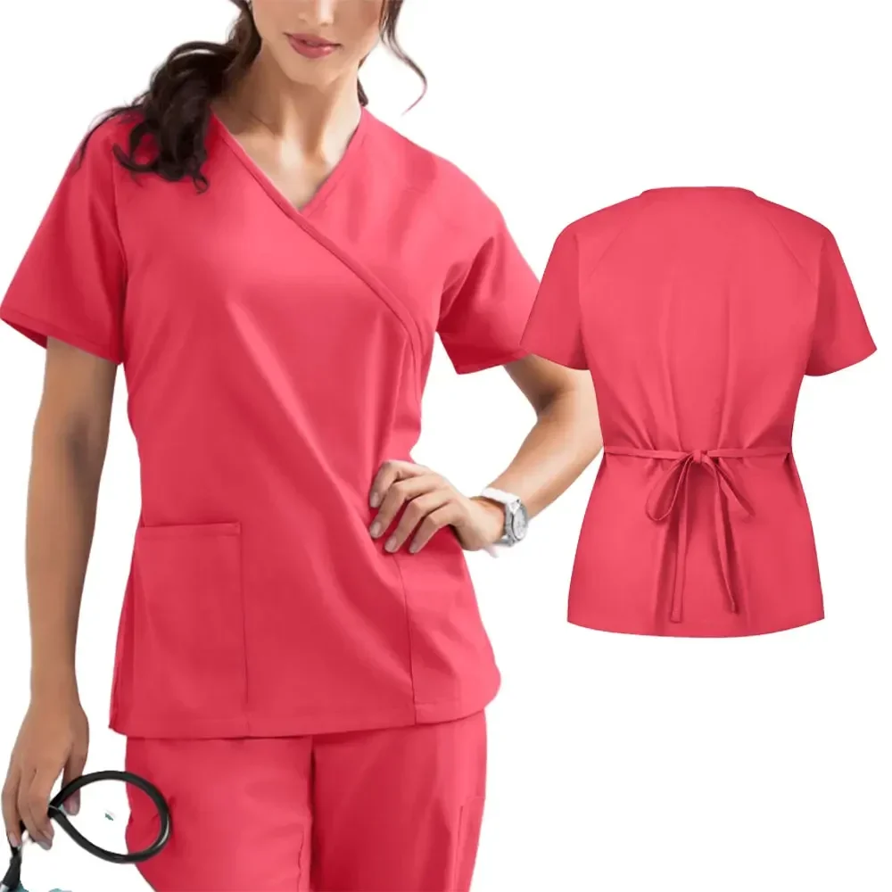 Vestidos cirúrgicos respiráveis para mulheres, Camisa de salão de beleza, Uniformes macios, Clínica Dentária, Acessórios de enfermagem, Top para mulheres