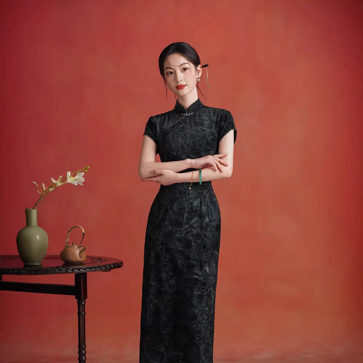 Women Traditional Chinese Qipao Black Flocking Floral Pattern Cheongsam Short Sleeve Bodycon Midi Formal Party Dress