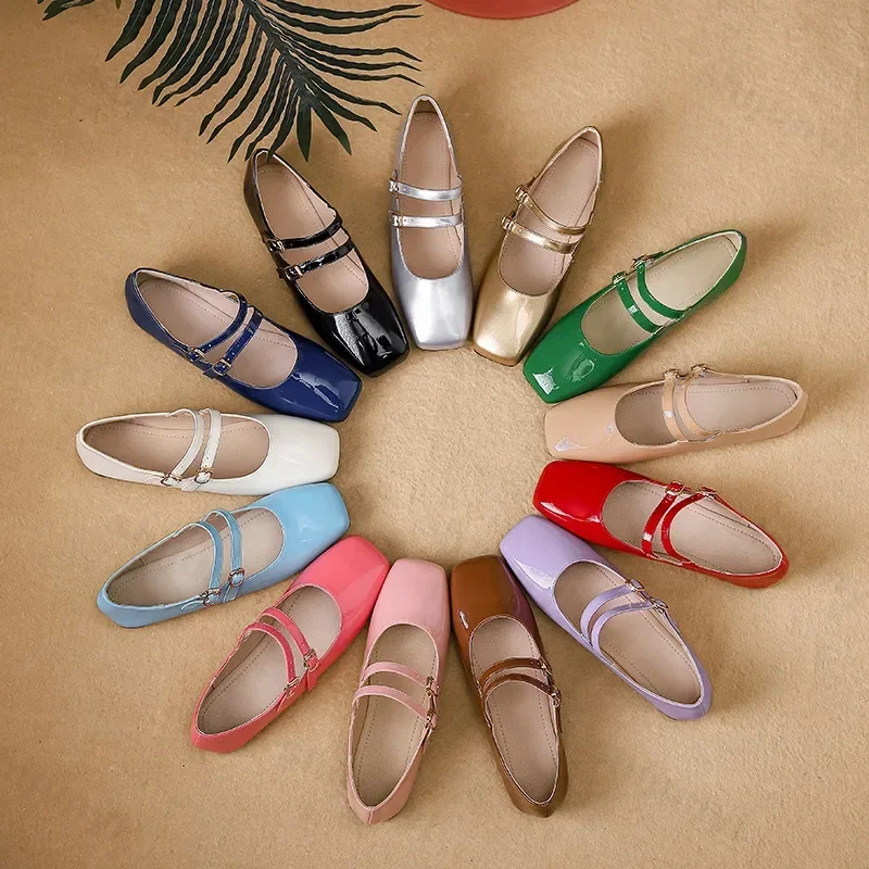 

2024 Autumn Women Flats Fashion Square Toe Shallow Mary Jane Shoes Soft Casual Ballet Shoes for Women Multicolor Shoes Size 44