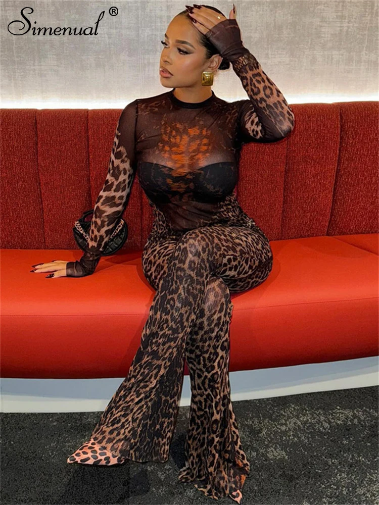 

Simenual 90s Vintage Leopard Print Skinny Jumpsuits Hot Rave Mesh See Through Flare Jumpsuit Women Sexy Sheer One-piece Clubwear
