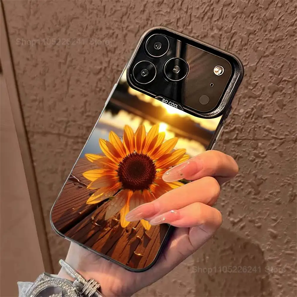 Botanische kunst zonnebloem telefoon voor iPhone 14,17,13,12,11,16,15, Mini, Pro, SE, XS, MAX, zwart mat siliconen beschermhoes