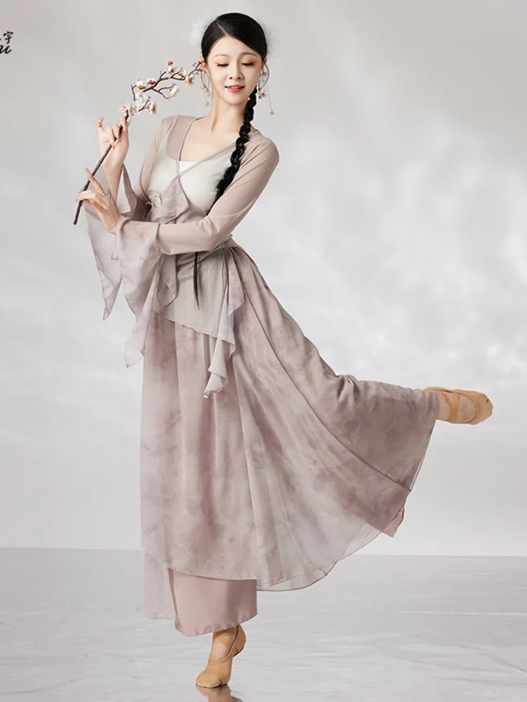 Classical Butterfly Yarn Body Rhyme Practice Elegant Top Chinese Dance Immortal Performance Dress Set