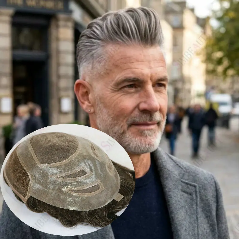 Natural Hairline Versalite Men Toupee Swiss Lace&PU Men's Hair Prosthesis Breathable Natural Human Hair Wigs Men Hair System