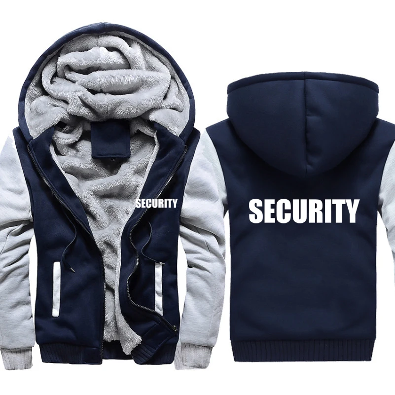 Man's Hoodies Security Uniform Print Jacket Men Casual Winter Thicken Warm Fleece cotton Zipper Raglan Coat Male Tracksuits