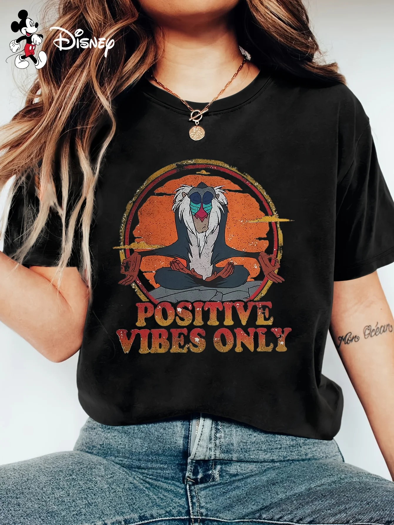 

2025 Disney Pattern Printed Women's Casual Comfortable Unique Smiling Face Black Round Neck Short Sleeve T-shirt