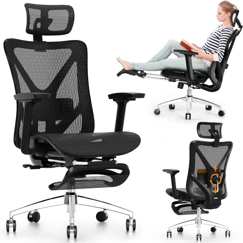 

Ergonomic Office Chair with Adjustable Lumbar Support, 3D Armrests & Headrest, 135° Reclining Chair with Footrest & Large Steel