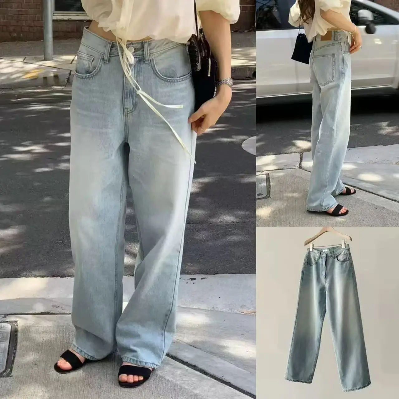 

High Waist Wide Leg Blue Washed Jeans Straight Cut Loose Slimming Long Pants Spring Summer New Style Korean Style Jeans