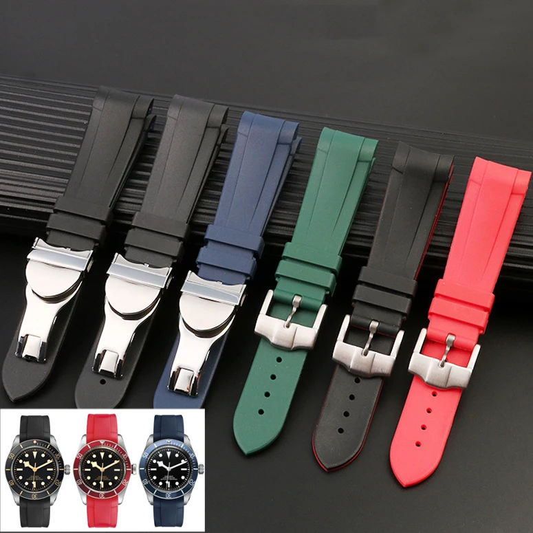 

22mm Curved End Rubber Watch Strap for Tudor Rudder Biwan Bronze Small Copper Flower Red Flower Watchband Waterproof Watch Strap