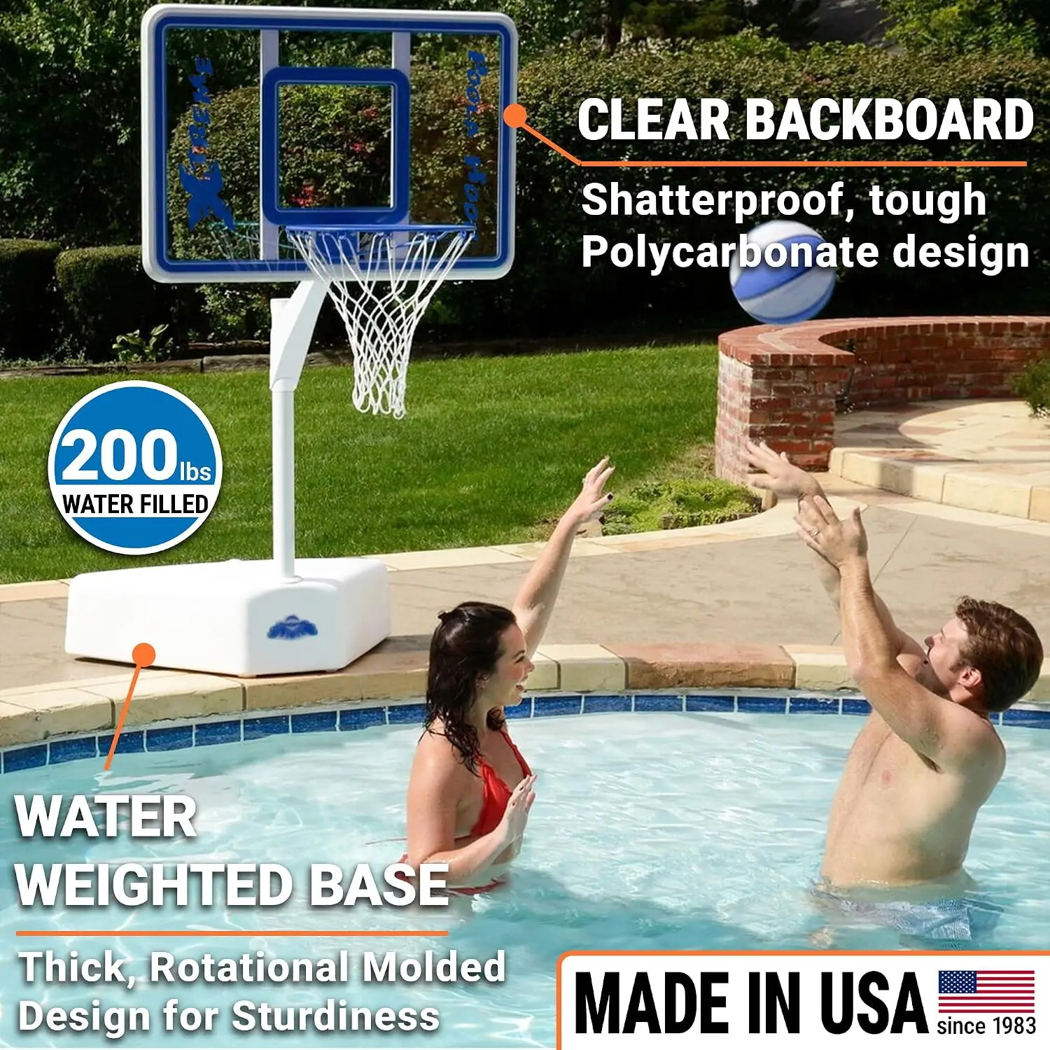 Pool Basketball Hoop with Height-Adjustable Clear Backboard, 200-Pound Water-Filled Base, Stainless Steel Rim, and Waterproof Basketball - Clear Blue