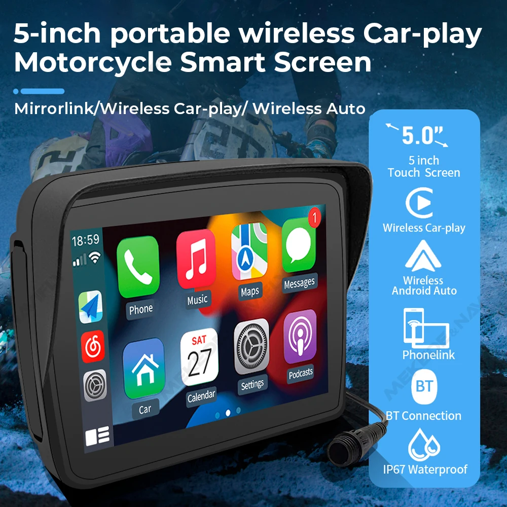 5inch Portable Motorcycle GPS Navigation Wireless Carplay Auto IPX7 Waterproof Sunshade Function LCD Display Built-in Speaker BT