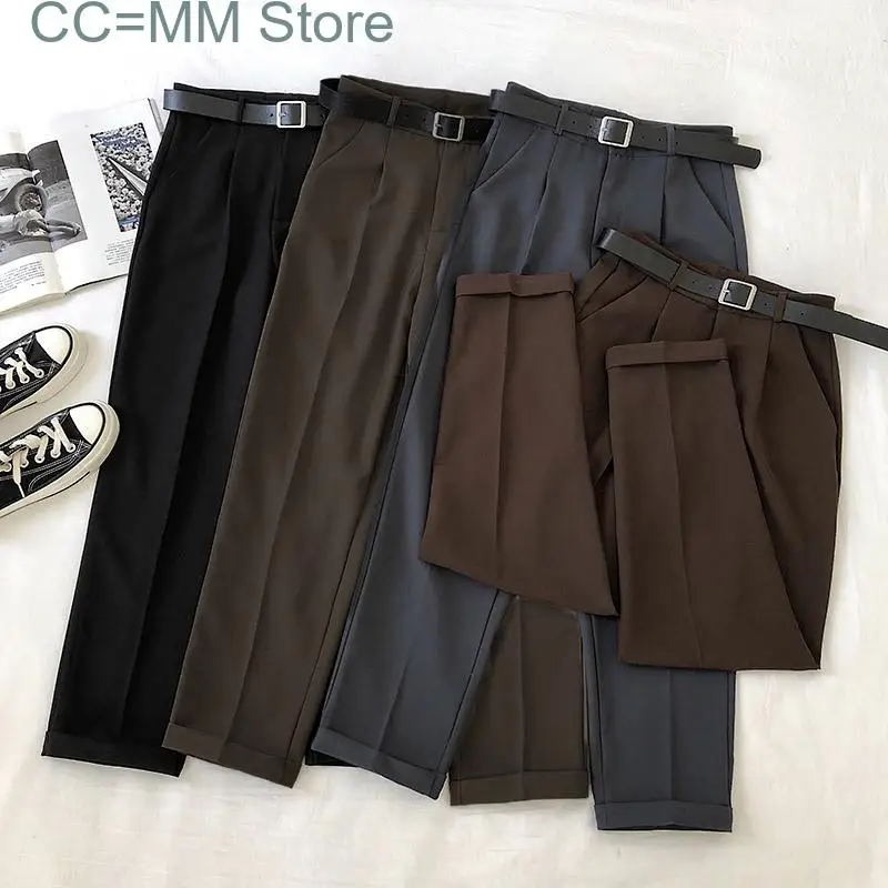 

New Woman Suit Pants Cuffs Spring Autumn Casual High Waist Ankle Length Elegant Office Ladies Harem Pants with Belt