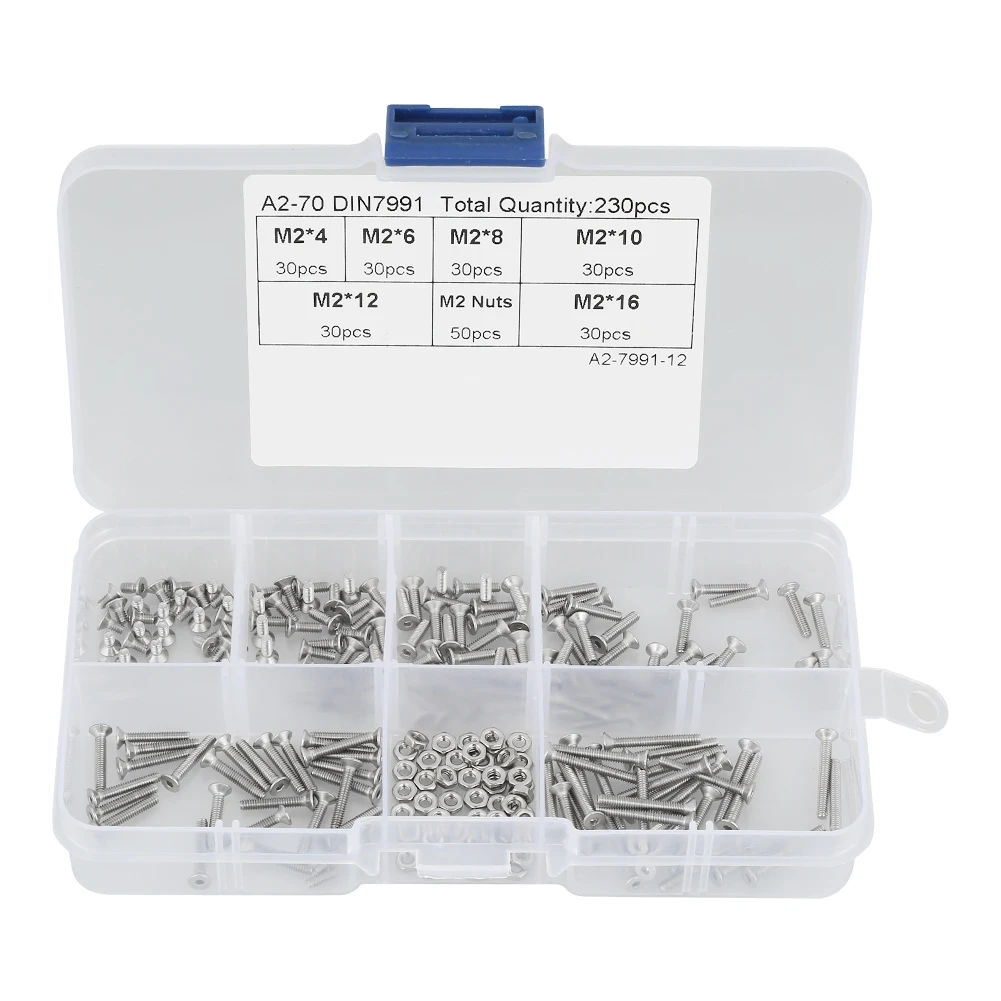 230pcs M2 304 Stainless Steel Flat Head Bolt Screws Nuts Assortment Kit with Box