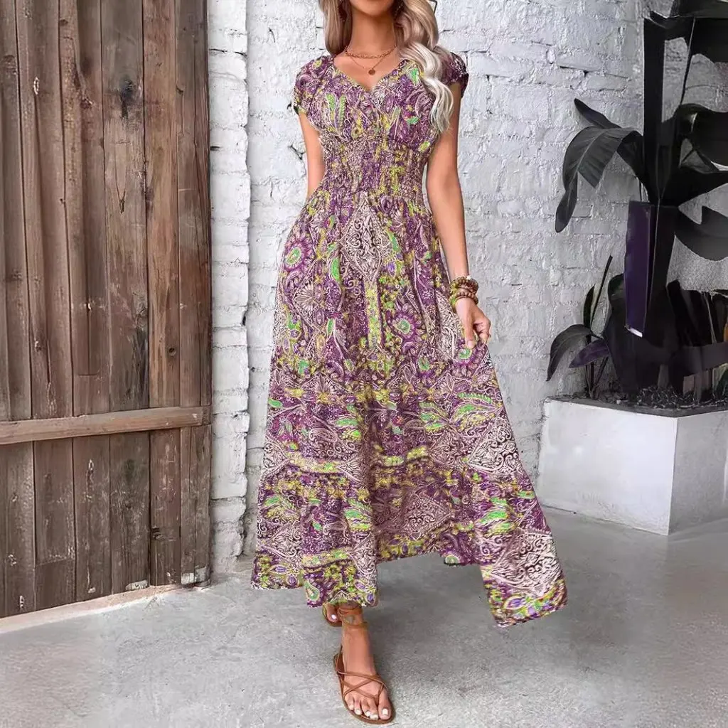 Französischer Stil, böhmisches bedrucktes mittellanges Kleid, neues exotisches Resort-Mode-Damenrockkleid