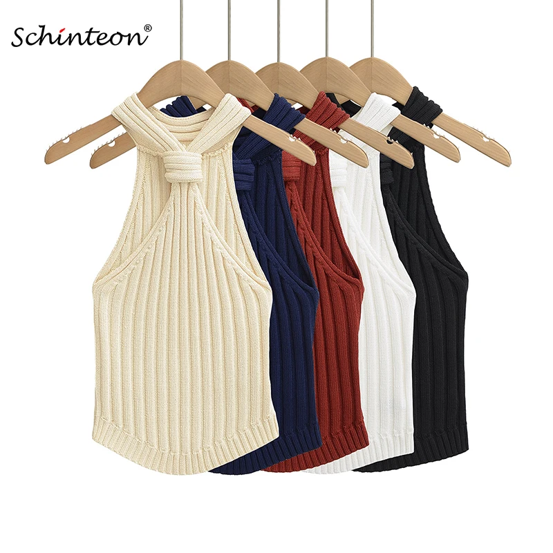 

Schinteon Women's Knitted Sleeveless Tank Top Spaghetti Strap Camisole Sweet Knitting Slim Camis Summer 2025 High Street Top New