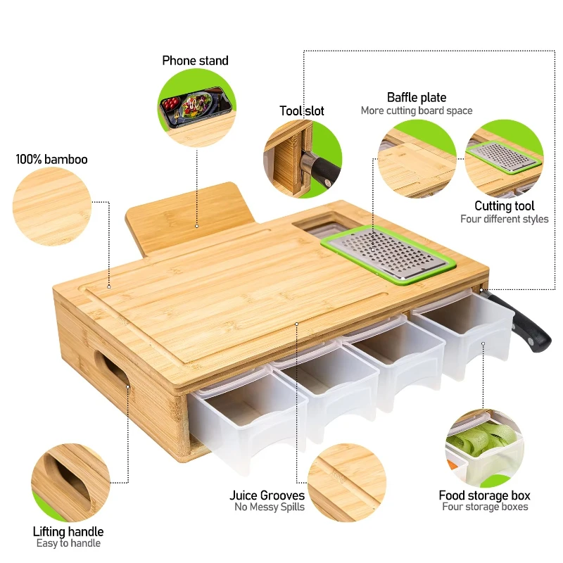 

Acrylic Drawer Mandolin Board Bamboo Storage Cutting Board with Container Drip Tray Vegetable Shredded Slicing Kitchen Tools