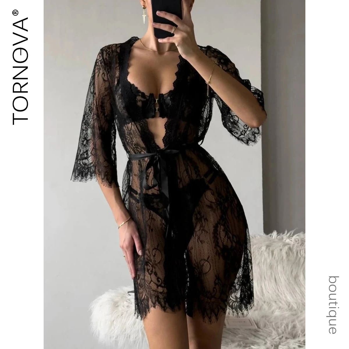 

Tornova Sexy Mesh Robe for Women Solid Color Lace Patchwork Mesh See-through Sleeping Gown Sexy Lace Up Women's Home Clothes New