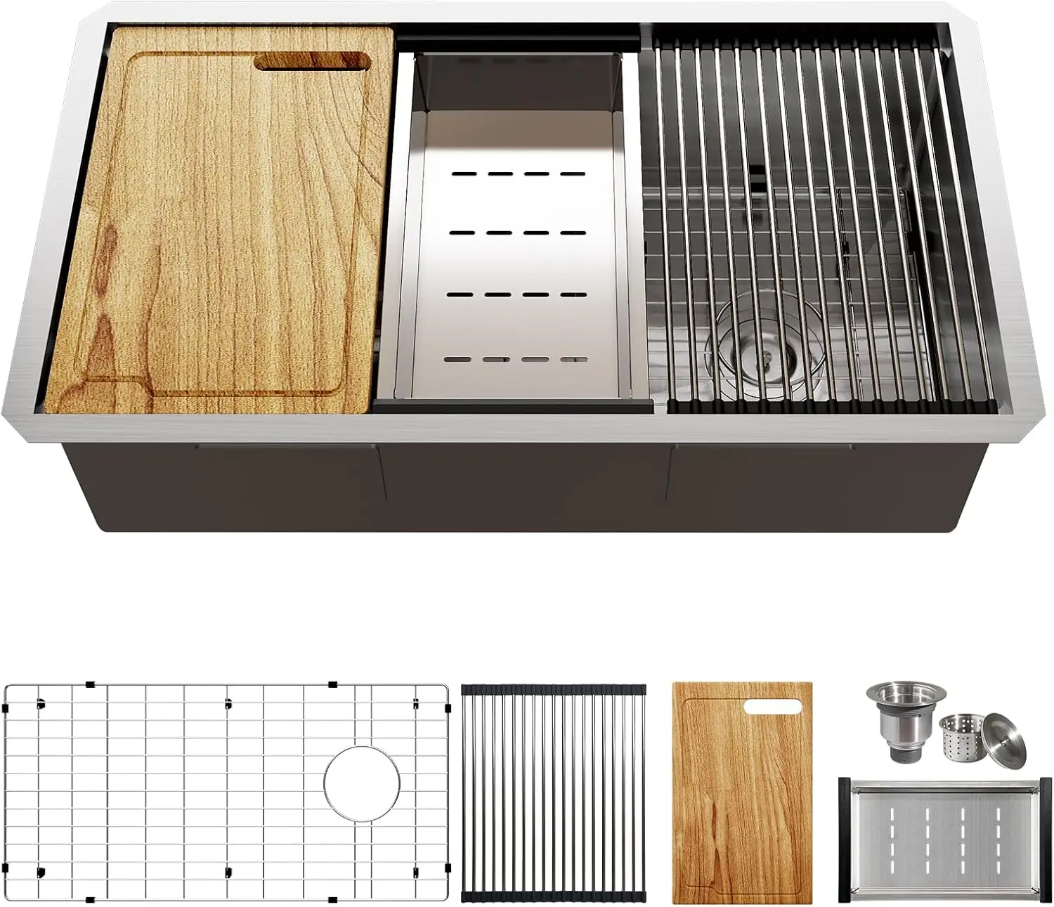 32 inch Workstation Kitchen Sink, Undermount Deep Single Bowl, Stainless Steel with Integrated Ledge and Accessories