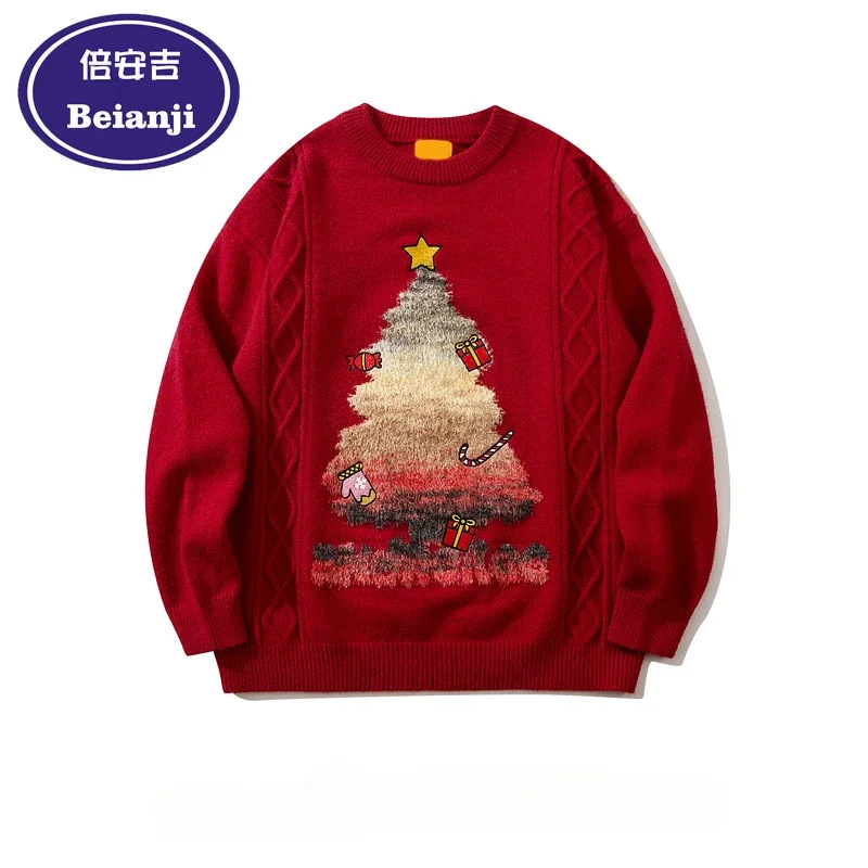 

Beianji Knitwear trend brand American men's and women's autumn and winter design crewneck couple Christmas tree red sweater 2024