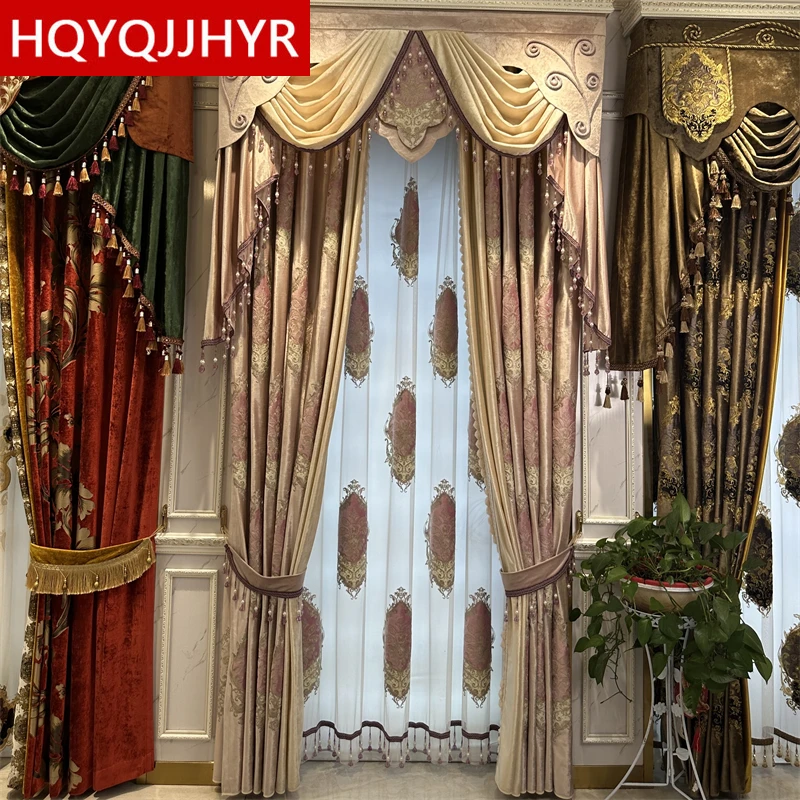 European and American High-quality Velvet Pink Embroidered Curtains for Living Room Bedroom Luxury Custom Villa Kitchen Curtains