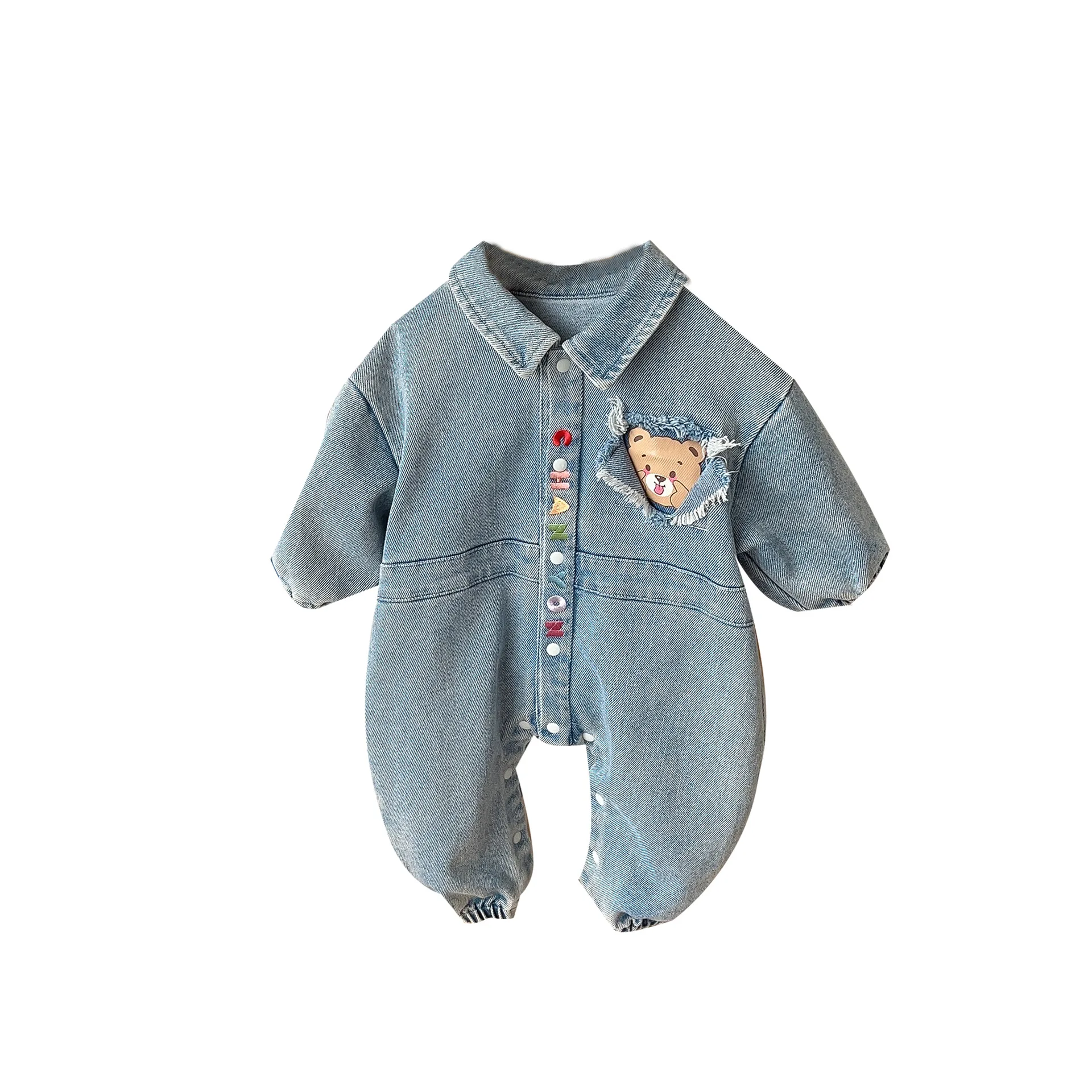 2024 Autumn Infant Baby Boys Denim Clothing - Kids Newborn Embroidery Cartoon Bear Romper , Toddler Jumpsuits 0-24M