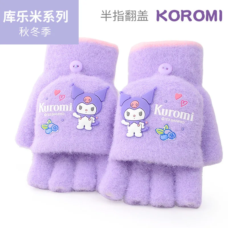 Guantes Sanrio para niños, guantes de punto con tapa de kuromi de dibujos animados, guantes cálidos de lana para niñas de otoño e invierno