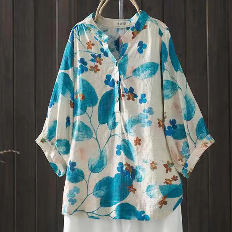 

Japanese Vintage Mori Girl Ink Floral Printed 100% Cotton Shirts Women Summer New V-Neck Half Sleeve Casual Loose Blouse Tops