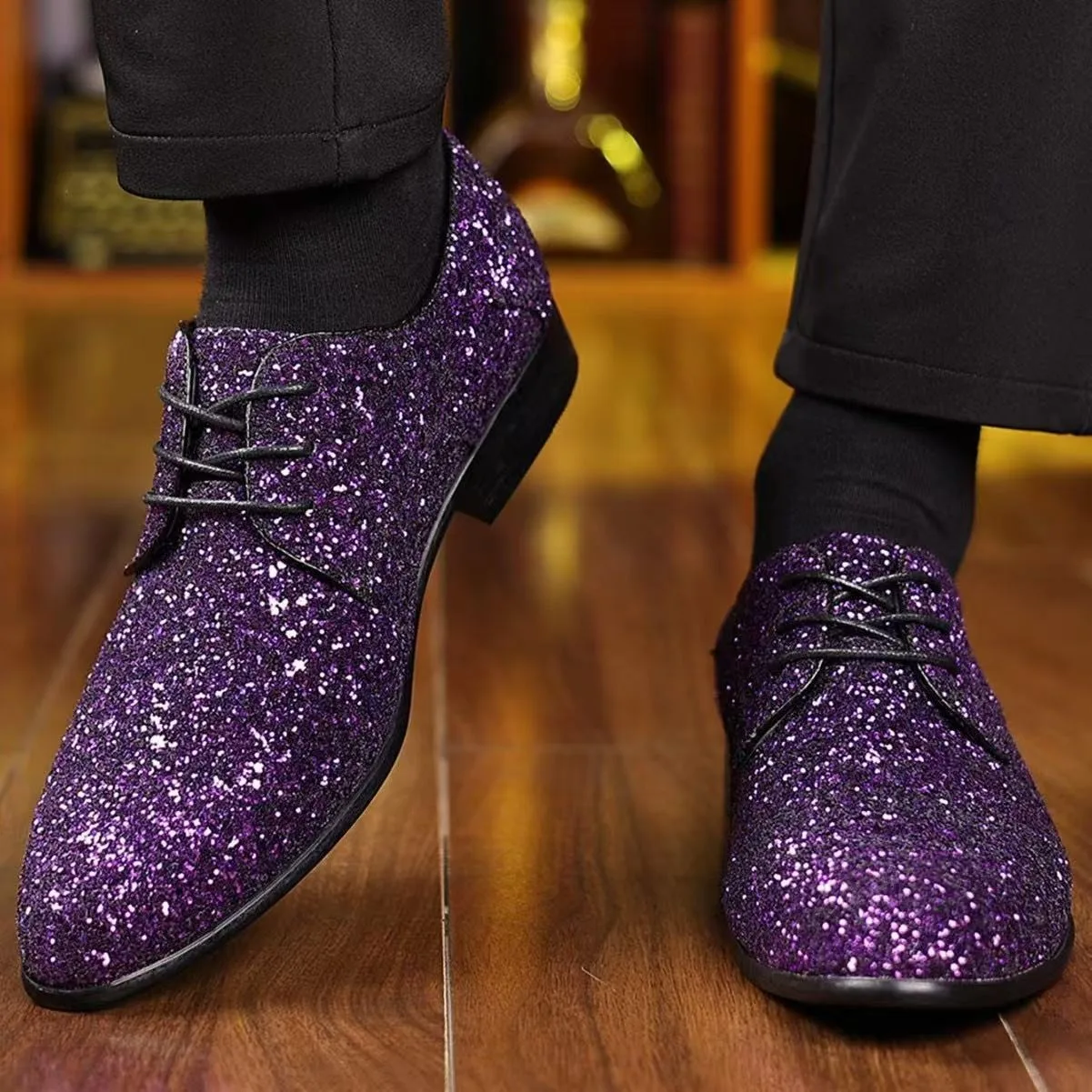 39-48 Pointed Toe Sequined Shoes for Man Derby Menswear Shoes Suit Party Dress Scarpe Uomo Eleganti Purple Golden Silver Black