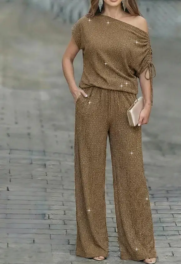 

Two Piece Set Women Outfit 2026 Spring New Fashion Rhinestone Skew Neck Off Shoulder Short Sleeve Top & Casual Wide Leg Pant Set