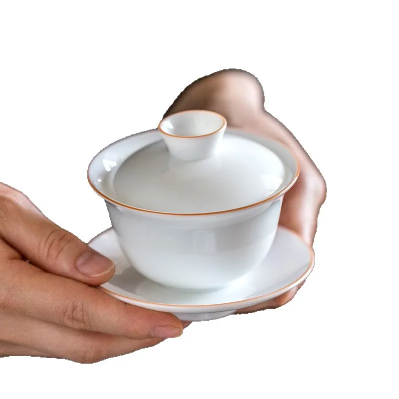 White porcelain tea set, sweet white sancai cover bowl, master cup, guest cup, complete set of gift box.