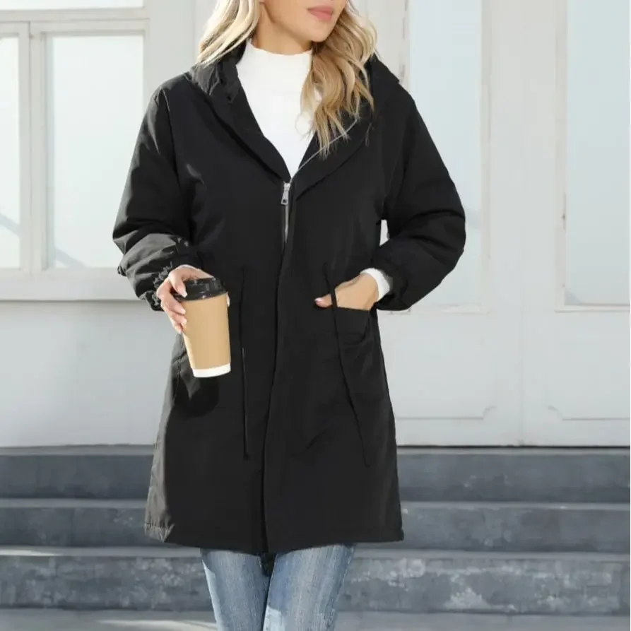 

Women Trench Hooded Long Sleeve Solid Color Jackets Zipper Pockets High Street Streetwear Cardigan Office Lady Slim Fit