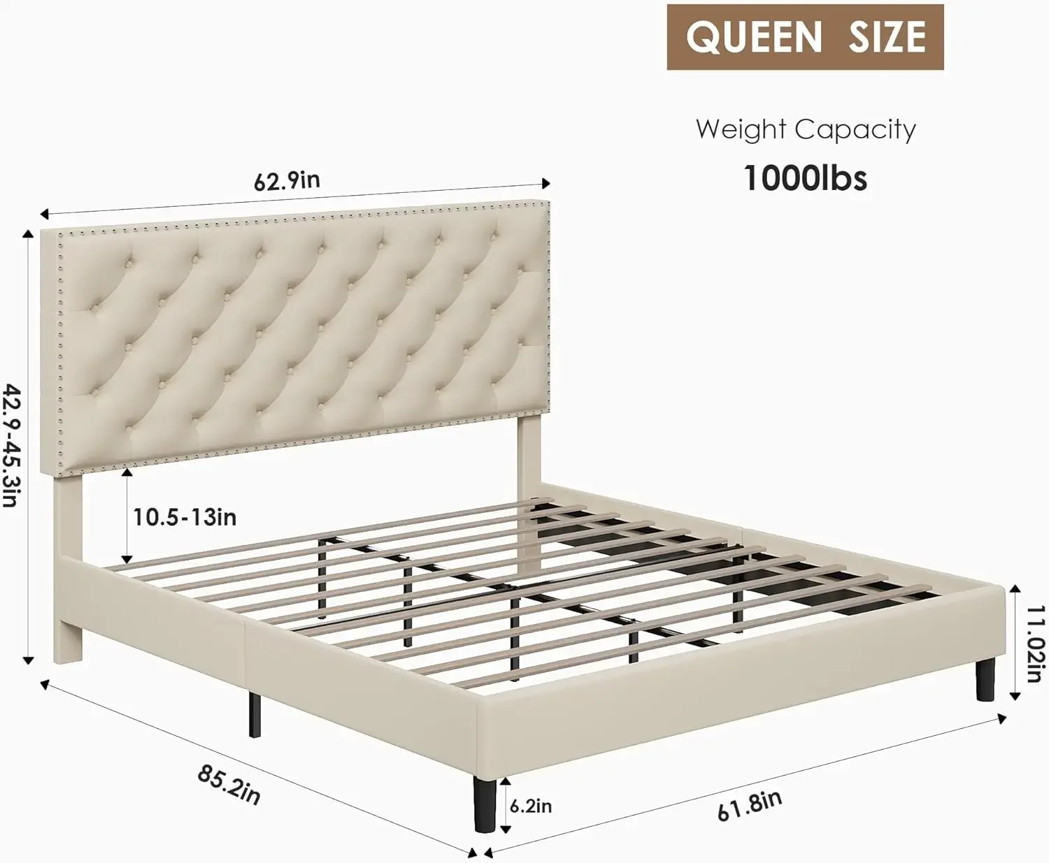 Queen Size Bed Frame, Modern Upholstered Platform Bed with Adjustable Headboard, Heavy Duty Button Tufted Bed Frame