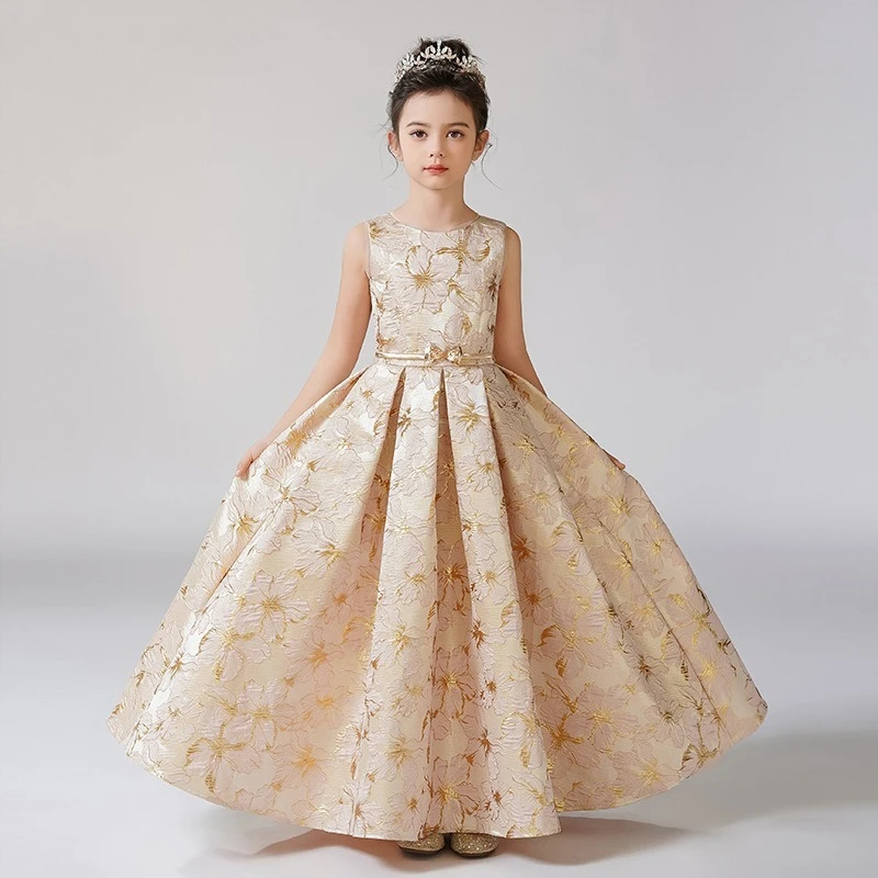 It's Yiiya Customized Flower Girl Dresses Golden Floral O-neck Sleeveless A-line Pleat Zipper Back Floor Length Kids Gown T152